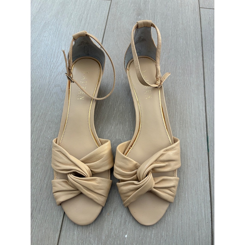 Lauren Ralph Lauren Women Beige Leather Knot Ankle Strap Wedge Sandals Size 8‎